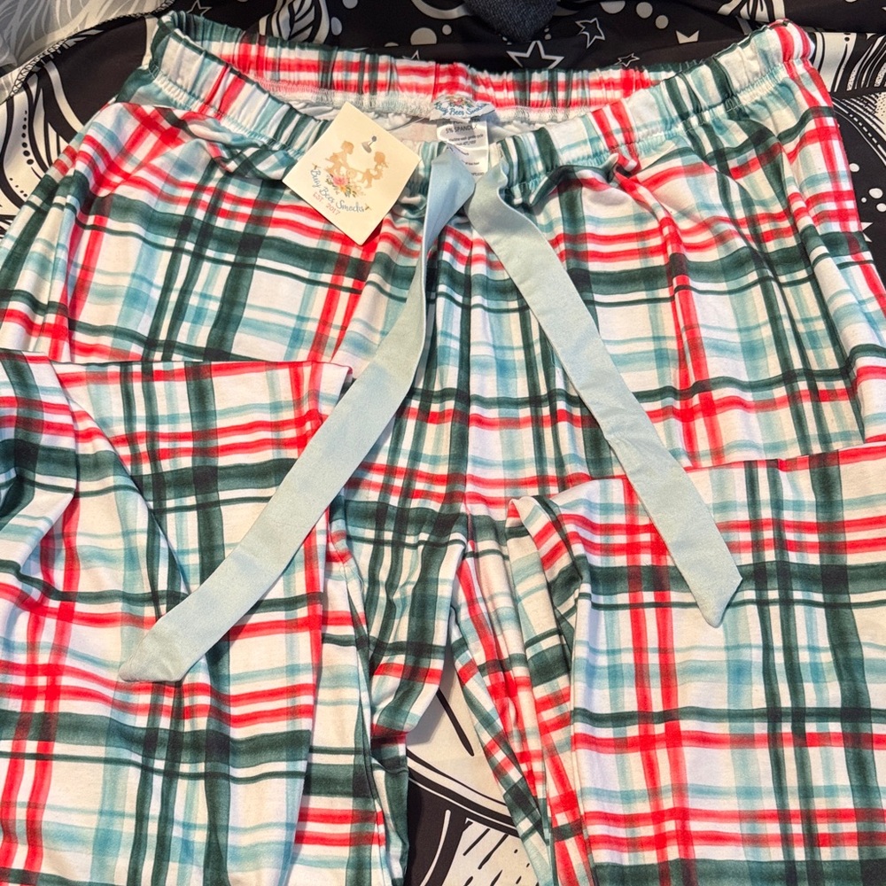 Plaid Drawstring Lounge Pants with Light Blue Tie- Busy Bee Smocks